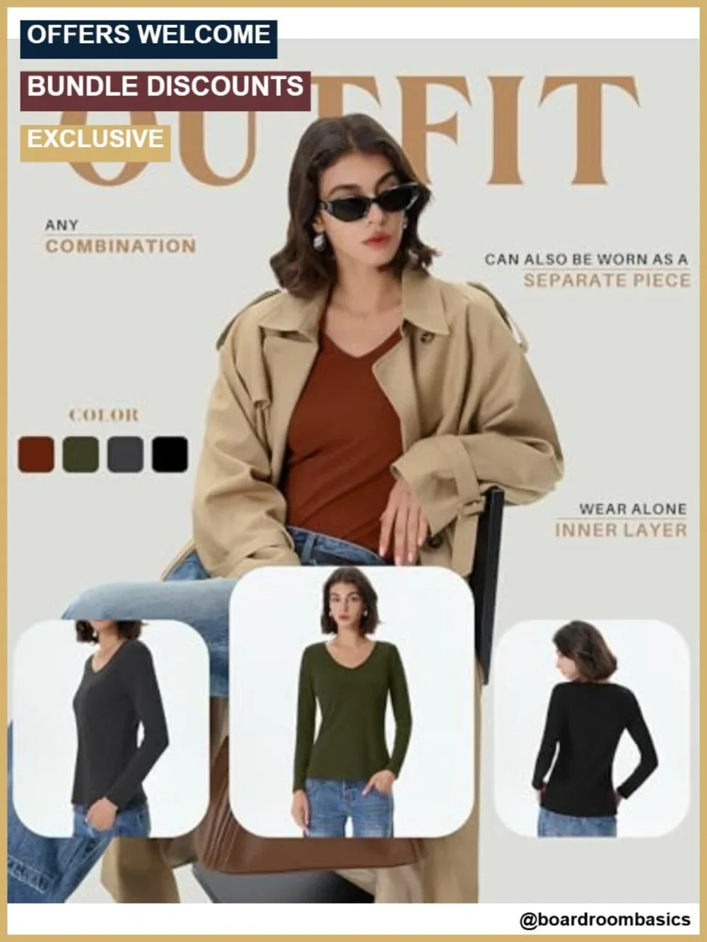 4 Pack Women's Fleece Thermal Long Sleeve V-Neck Tops with Spandex